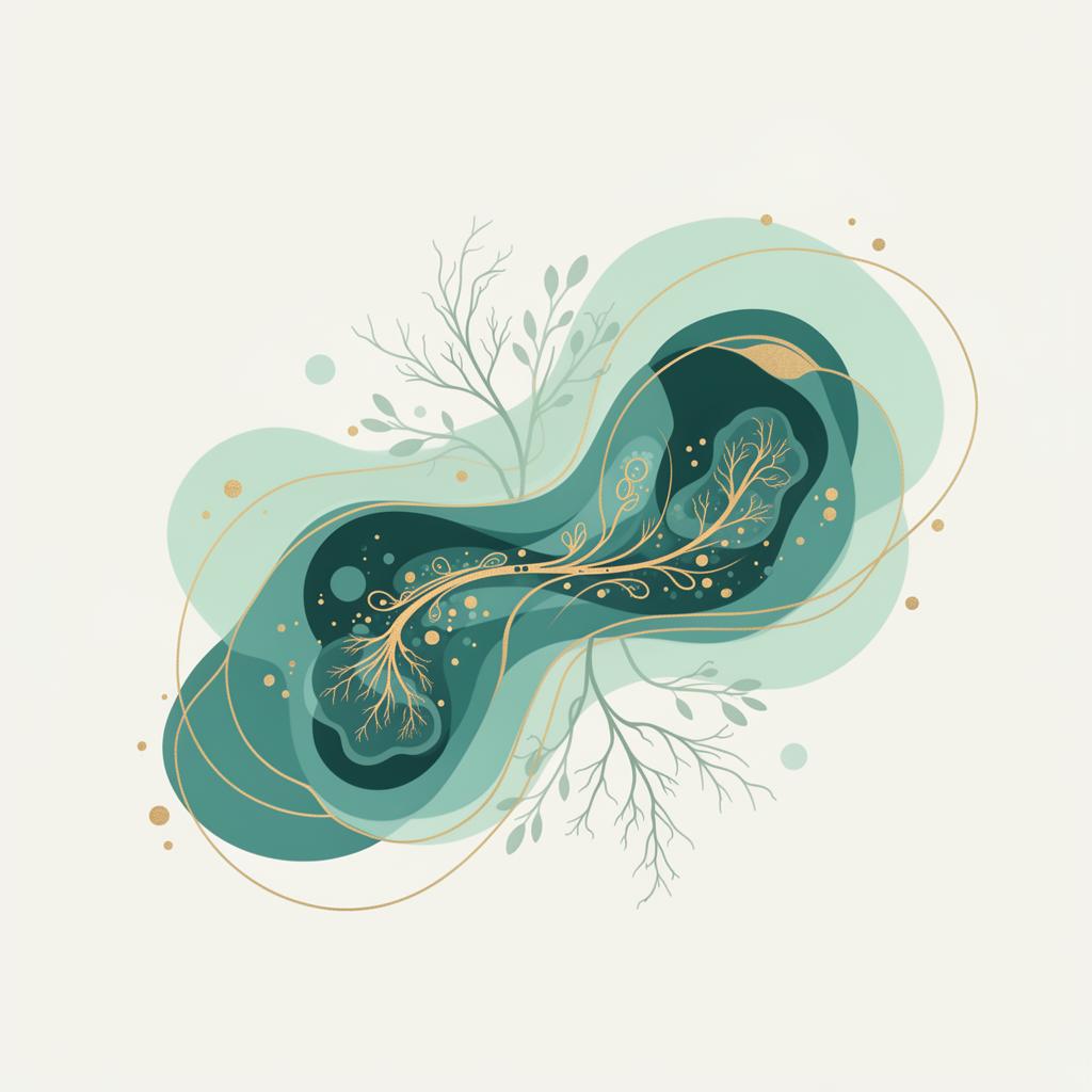 Illustration des Darm-Mikrobioms und der Heilwege in Petrol-, Mint- und Goldtönen